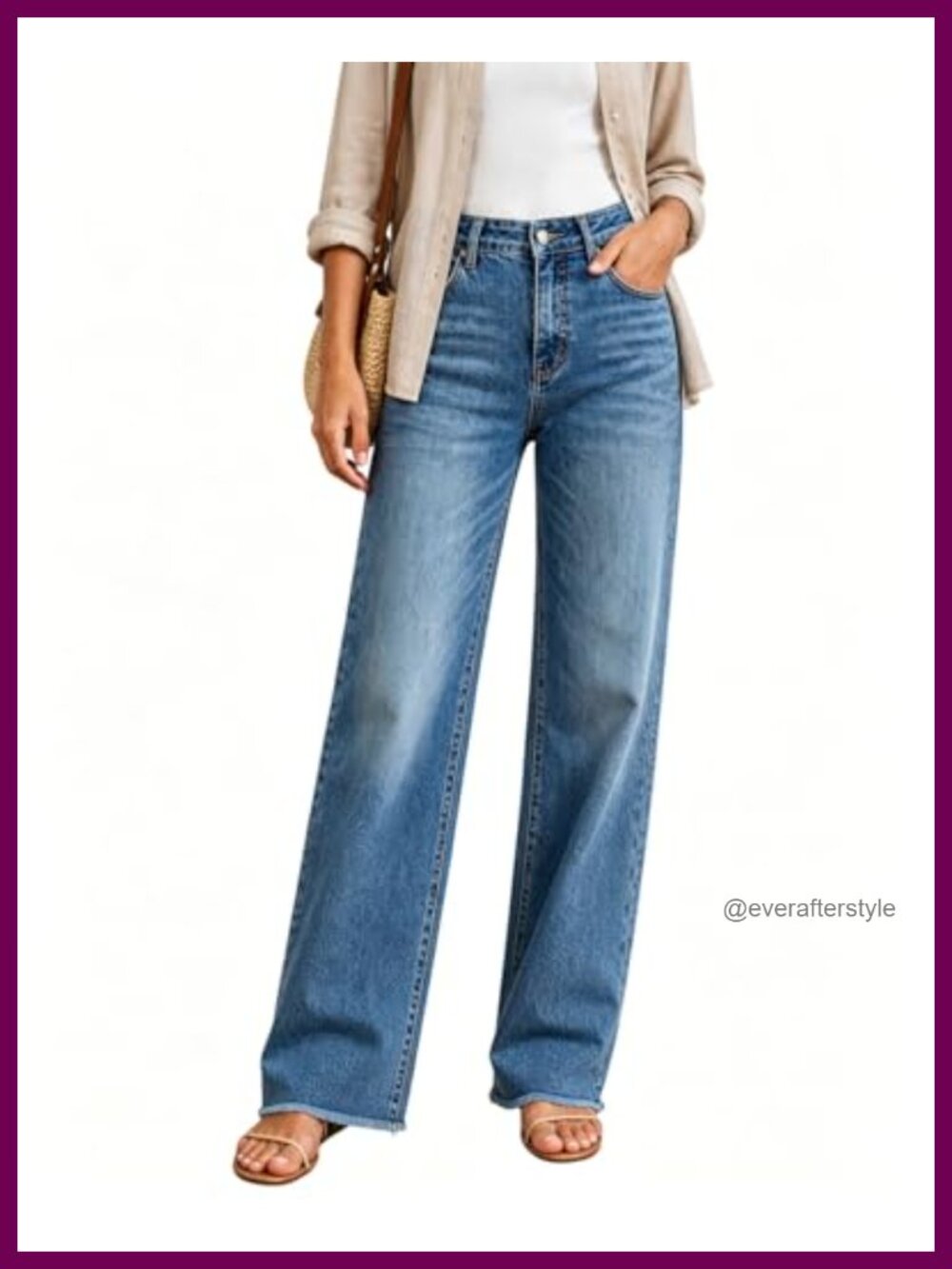 Relaxed Straight Leg High Waist Stretchy Denim Jeans Raw Hem Tummy Control